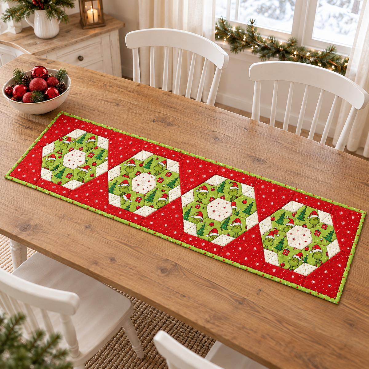 Red and lime-green Christmas patchwork runner on a bright farmhouse dining table