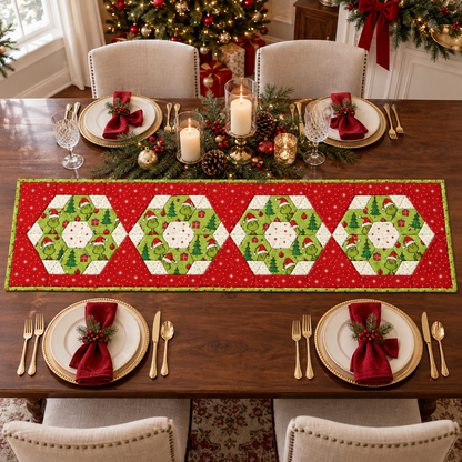 Four-medallion Merry Mischief table runner with ivory china on a formal walnut table