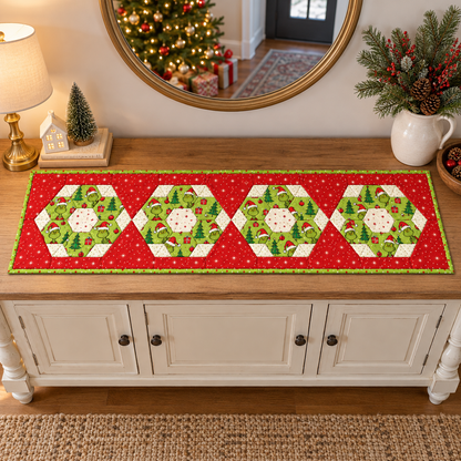 Merry Mischief red and green Christmas table runner on an entryway console