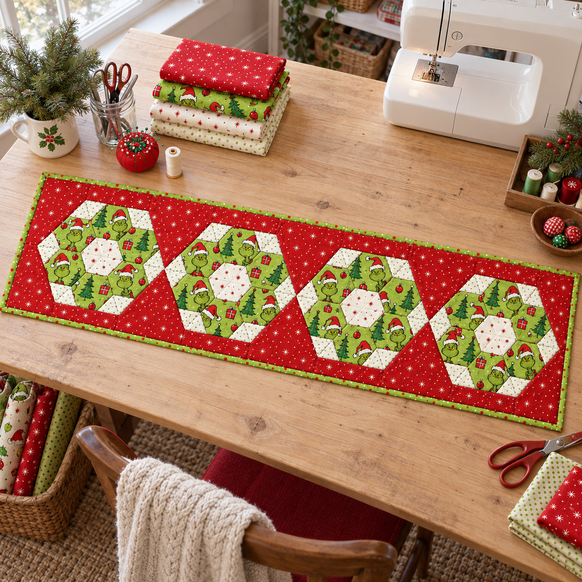 Finished Merry Mischief Christmas runner beside coordinating fabrics on a sewing table