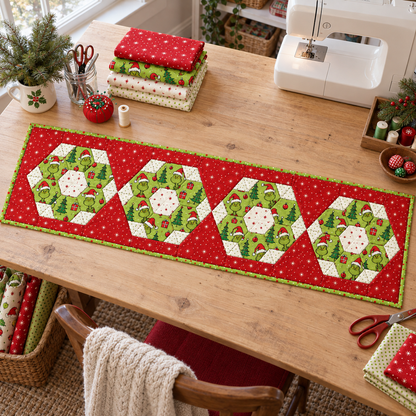 Finished Merry Mischief Christmas runner beside coordinating fabrics on a sewing table