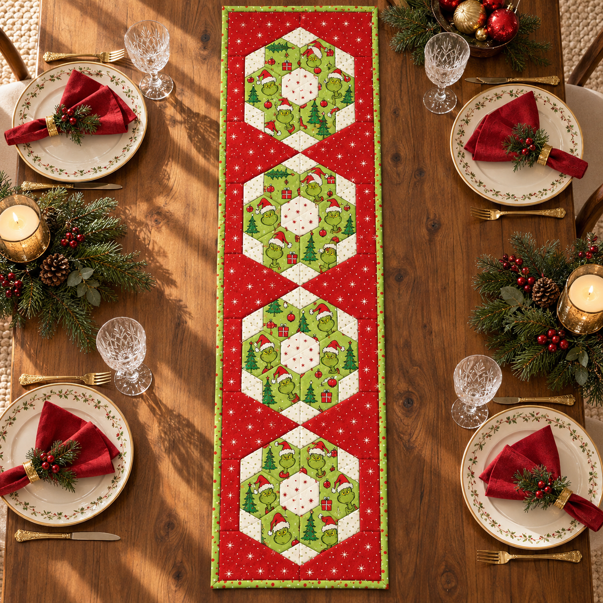 Full overhead view of the four-medallion Christmas runner with festive place settings