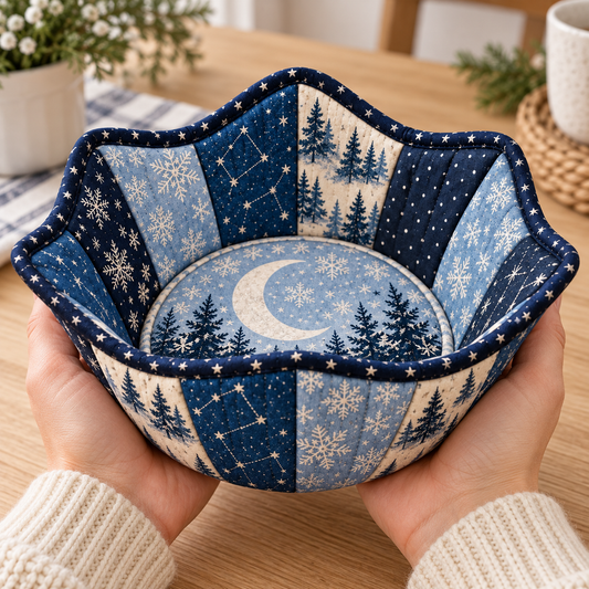 Midnight Snow bowl cozy supported in adult hands to illustrate its size and quilted shape.