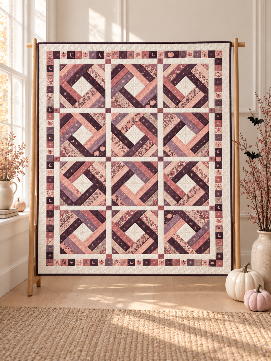 Blush and lilac diamond log cabin quilt beside a sunlit window