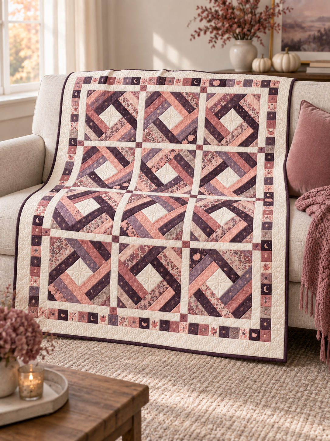 Pink, mauve and plum diamond quilt draped over a cream sofa