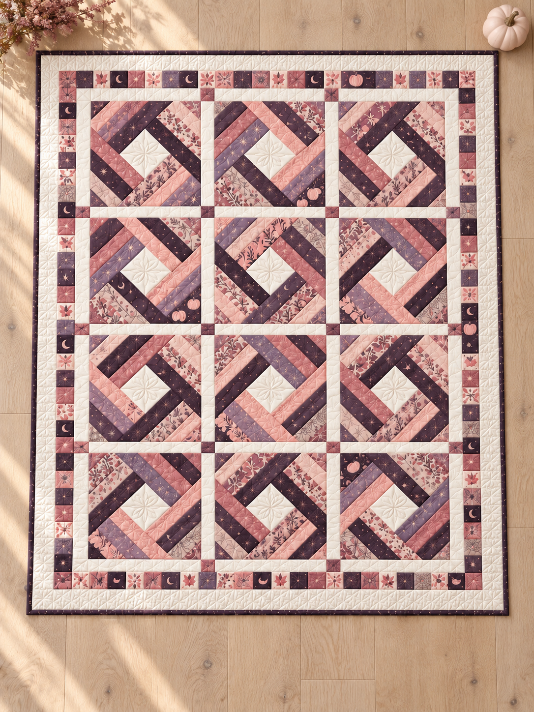 Overhead view of twelve diamond log cabin blocks with ivory sashing and a pieced border