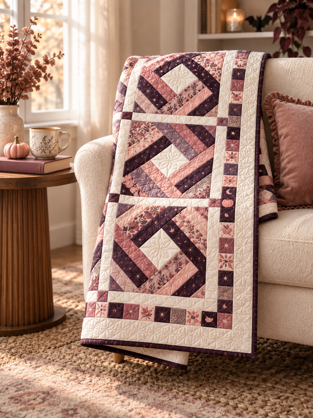 Moonlit Blush Diamond quilt in a cozy reading nook