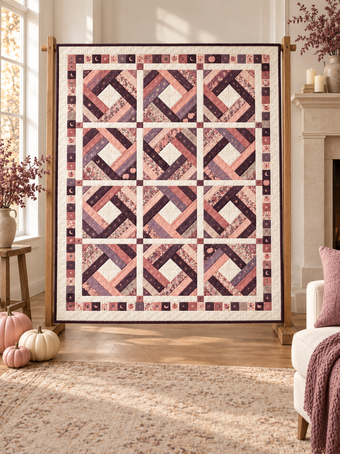 Pastel Halloween diamond quilt displayed beside a fireplace