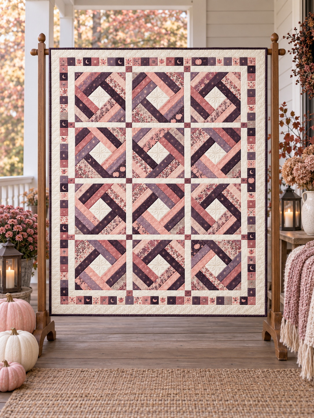 Moonlit Blush Diamond quilt styled on a covered autumn porch