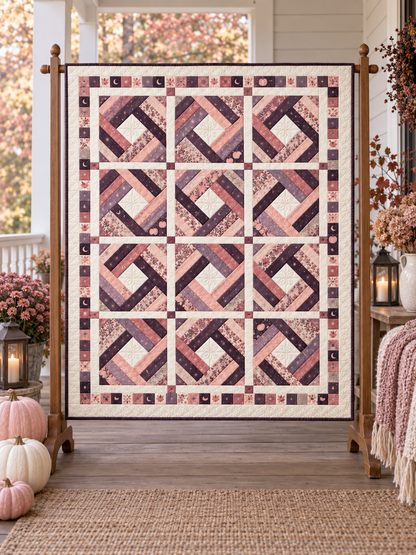 Moonlit Blush Diamond quilt styled on a covered autumn porch