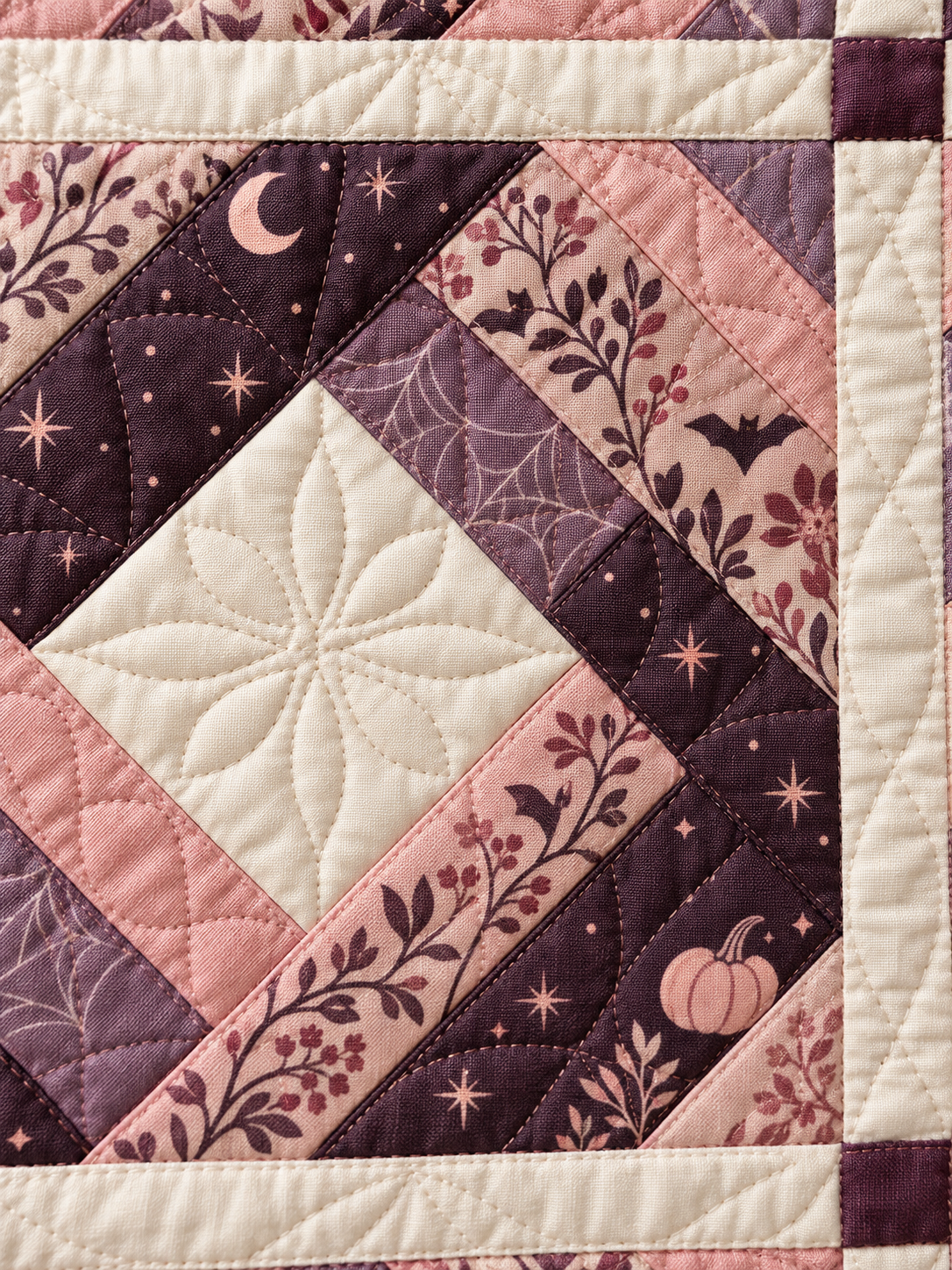 Close-up illustration of an ivory-centered blush and plum diamond log cabin block