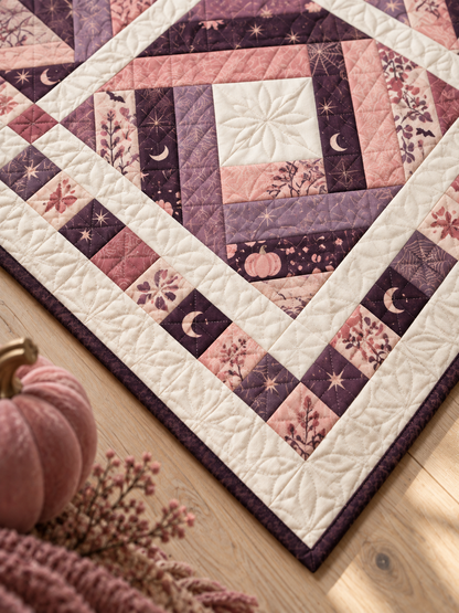 Detail illustration of the pastel patchwork border, ivory fabric and plum binding