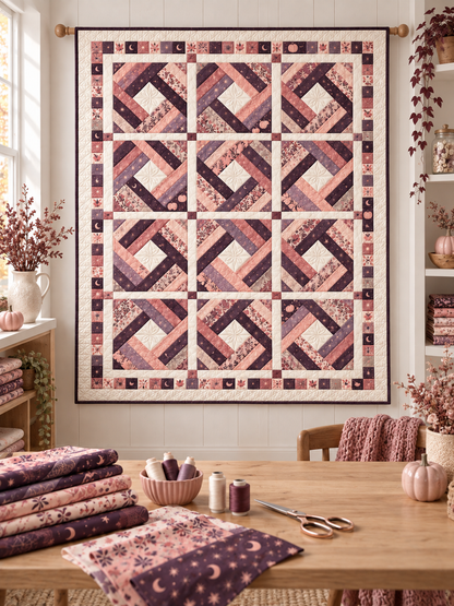 Pastel Halloween diamond log cabin quilt in a sewing studio