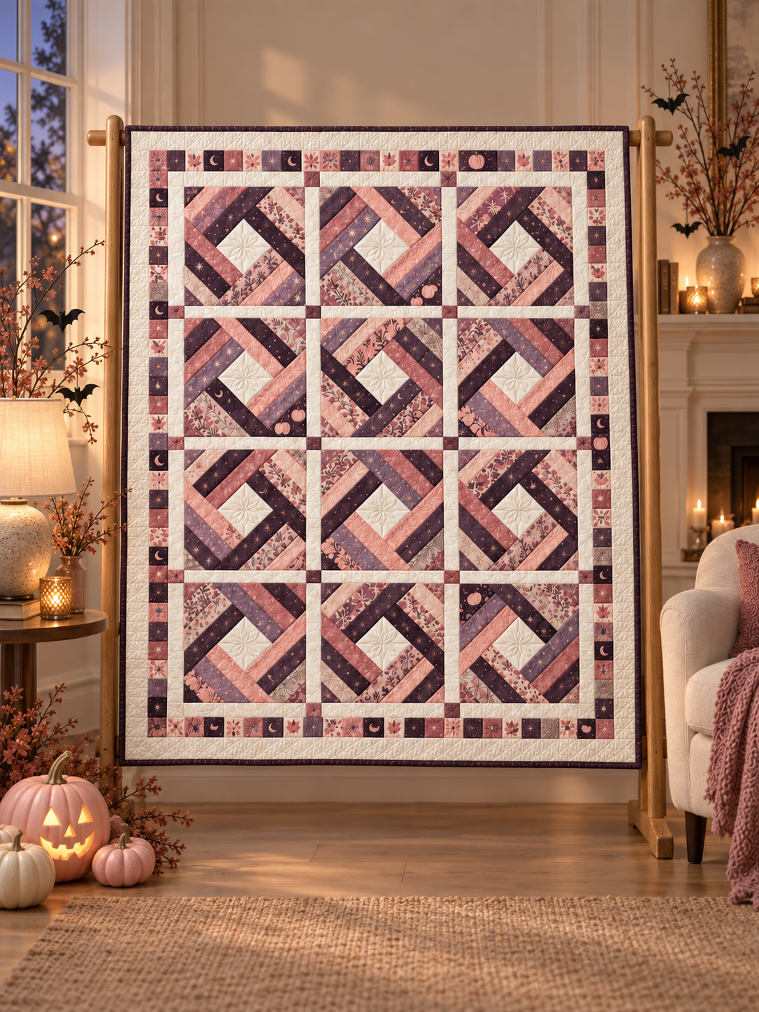 Moonlit Blush Diamond quilt in a softly lit evening interior