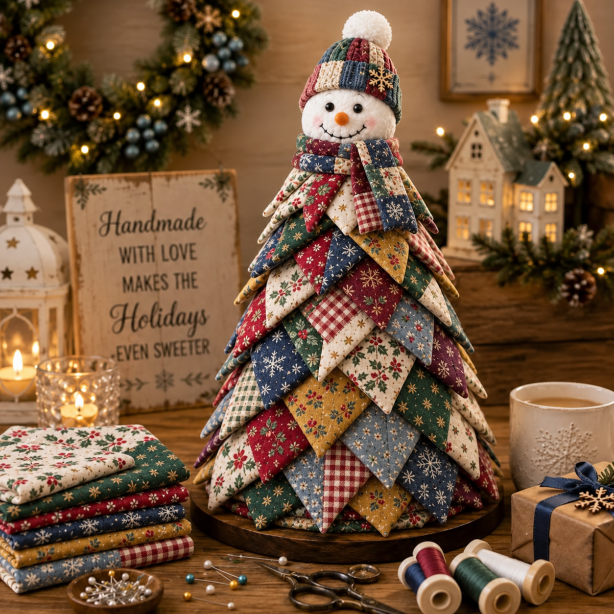 Layered Quilted Christmas Tree with Snowman Topper
