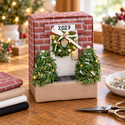 No-sew fabric cottage ornament on a crafting table, the fold and pin house ornament made from this PDF pattern