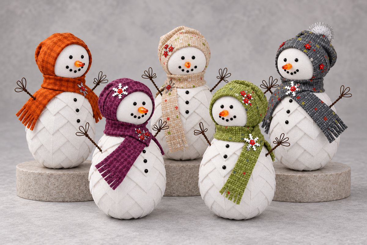 No-sew folded fabric snowman ornament collection in five winter colors on a stone display