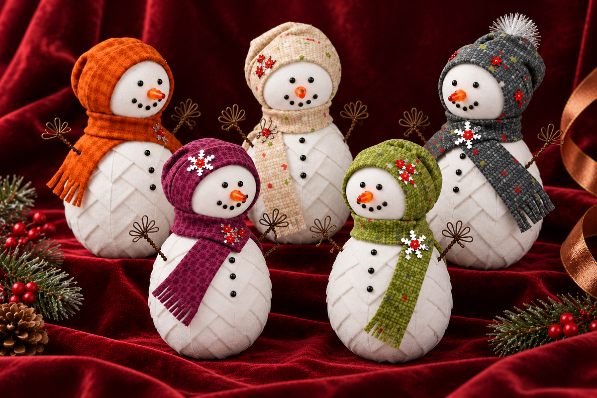 No-sew snowman ornaments on burgundy velvet, handmade Christmas ornament collection