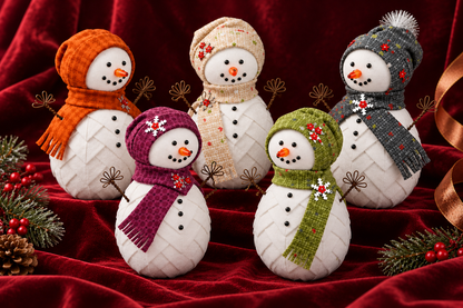 No-sew snowman ornaments on burgundy velvet, handmade Christmas ornament collection