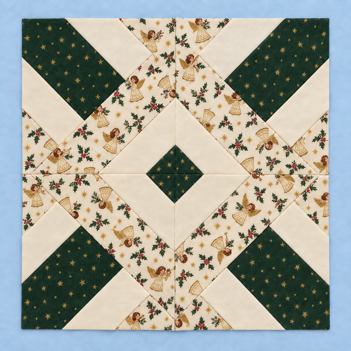 Noelle Angel Christmas quilt block in evergreen and ivory with printed angels and gold stars - AI-generated colorway illustration