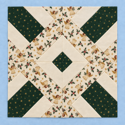 Noelle Angel Christmas quilt block in evergreen and ivory with printed angels and gold stars - AI-generated colorway illustration
