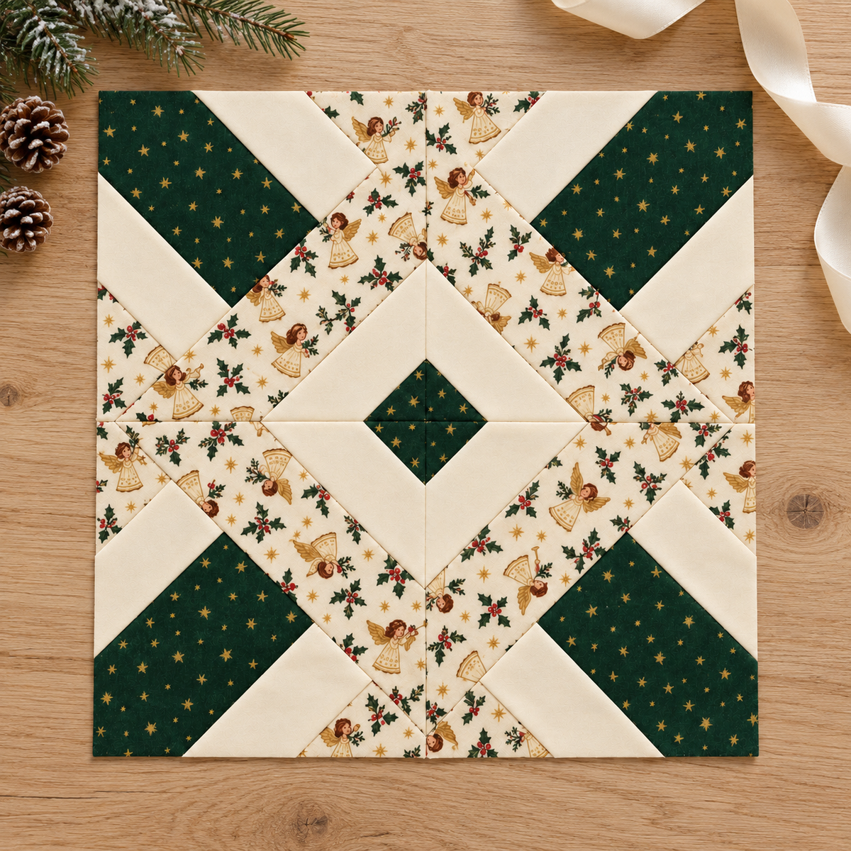 Noelle Angel Christmas quilt block - oak flatlay; AI-generated evergreen, ivory and angel-print fabric inspiration