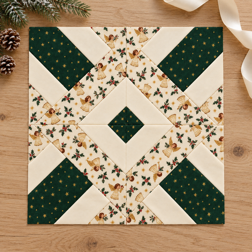 Noelle Angel Christmas quilt block - oak flatlay; AI-generated evergreen, ivory and angel-print fabric inspiration