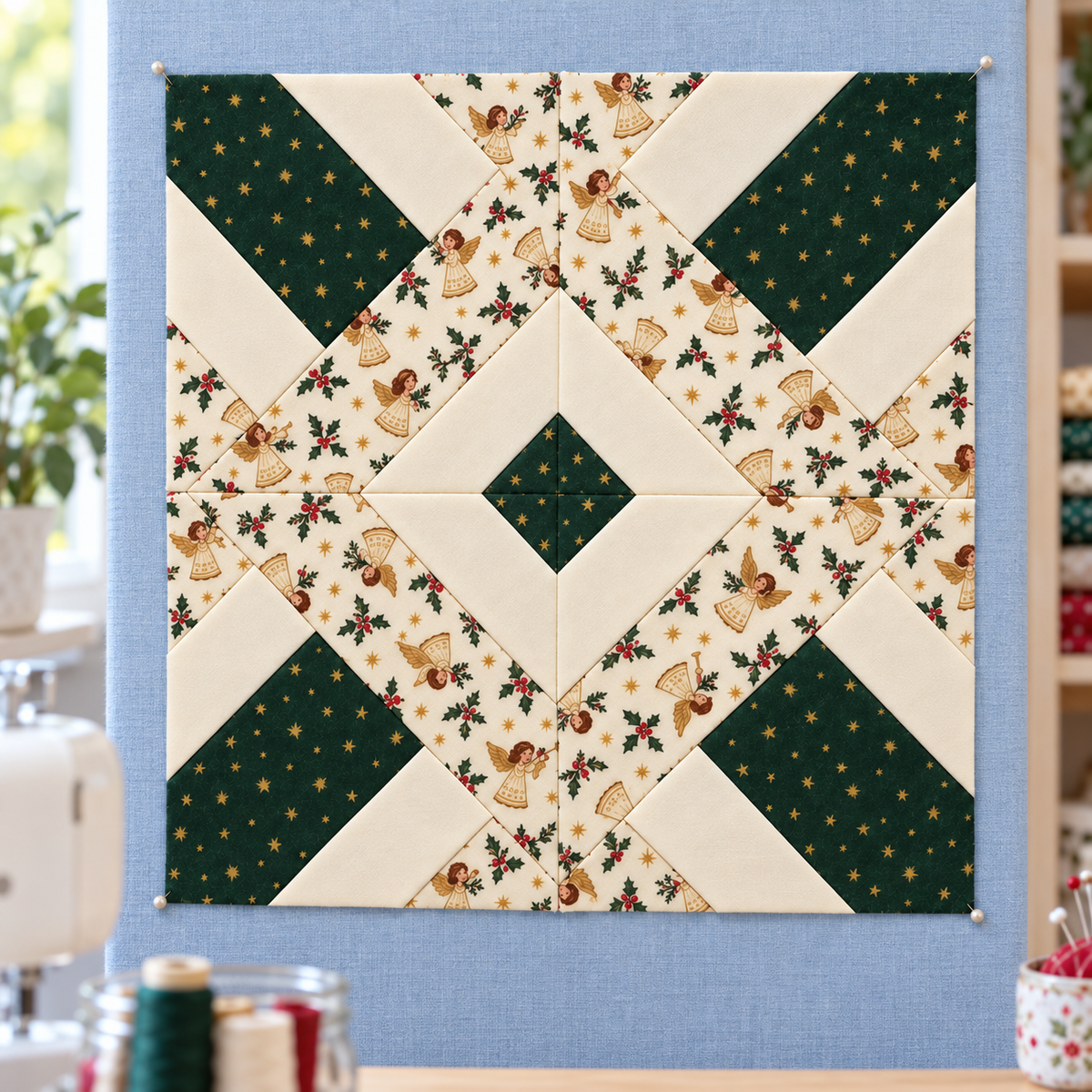 Noelle Angel Christmas quilt block - sewing room display; AI-generated evergreen, ivory and angel-print fabric inspiration