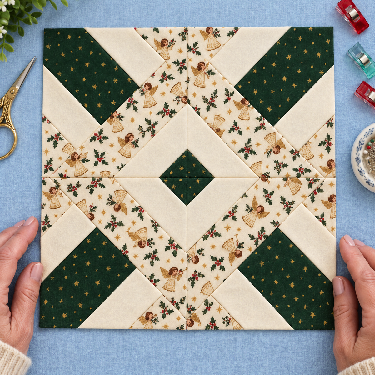 Noelle Angel Christmas quilt block - hands overhead; AI-generated evergreen, ivory and angel-print fabric inspiration