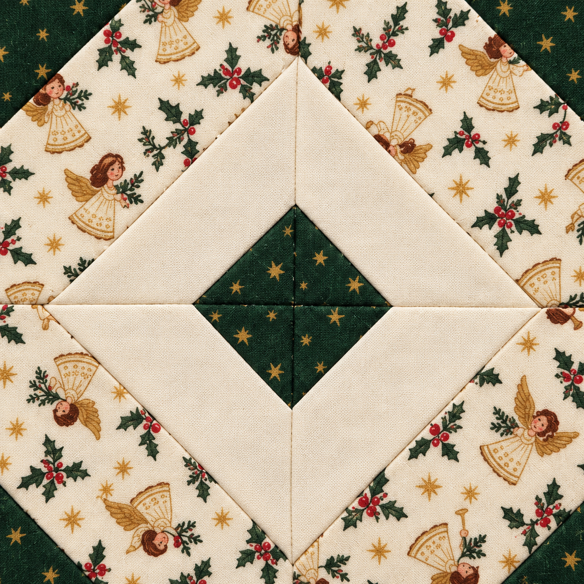 Noelle Angel Christmas quilt block - center seam detail; AI-generated evergreen, ivory and angel-print fabric inspiration
