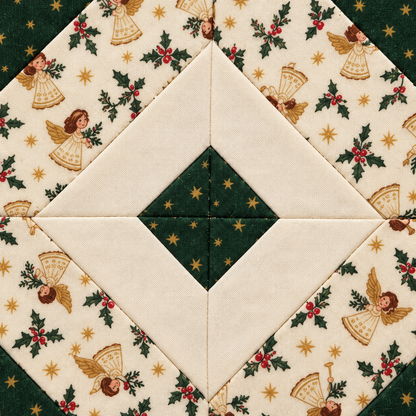 Noelle Angel Christmas quilt block - center seam detail; AI-generated evergreen, ivory and angel-print fabric inspiration