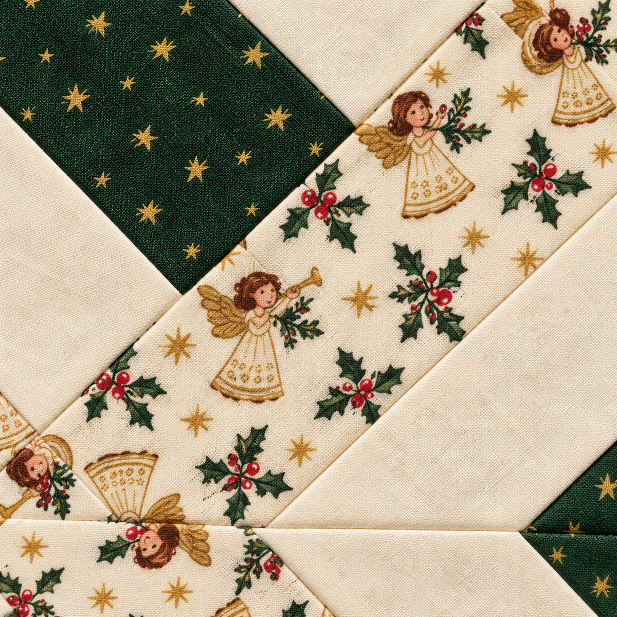 Noelle Angel Christmas quilt block - angel cotton detail; AI-generated evergreen, ivory and angel-print fabric inspiration