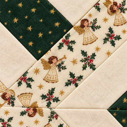 Noelle Angel Christmas quilt block - angel cotton detail; AI-generated evergreen, ivory and angel-print fabric inspiration