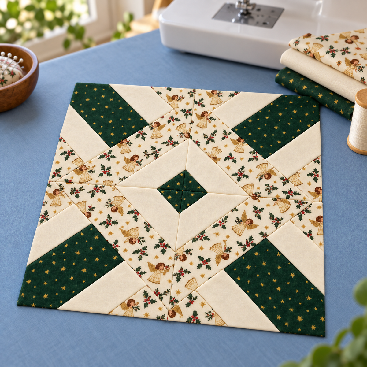 Noelle Angel Christmas quilt block - creative worktable; AI-generated evergreen, ivory and angel-print fabric inspiration