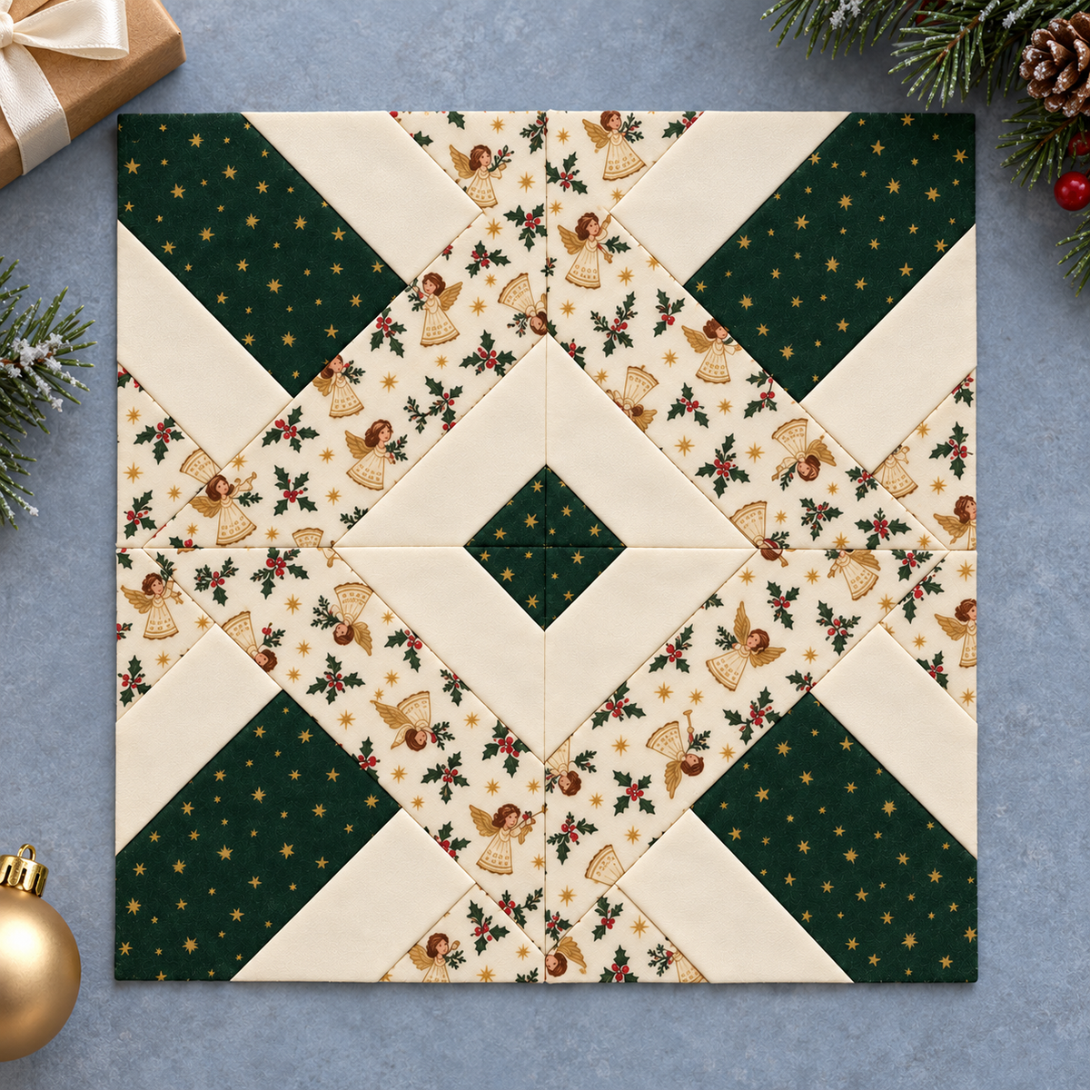 Noelle Angel Christmas quilt block - festive gift styling; AI-generated evergreen, ivory and angel-print fabric inspiration