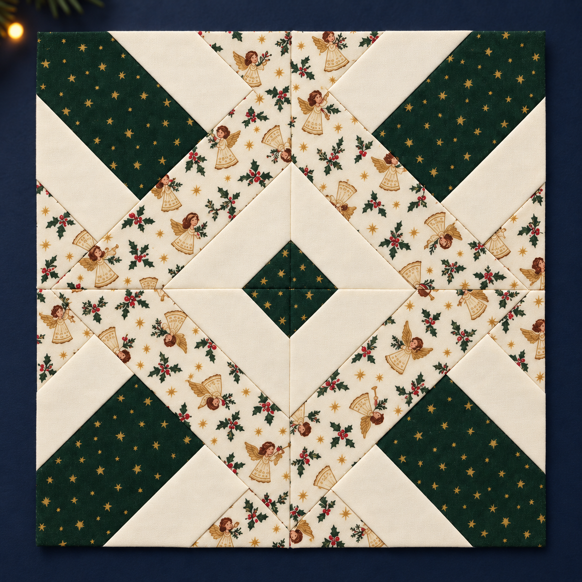 Noelle Angel Christmas quilt block - midnight studio; AI-generated evergreen, ivory and angel-print fabric inspiration