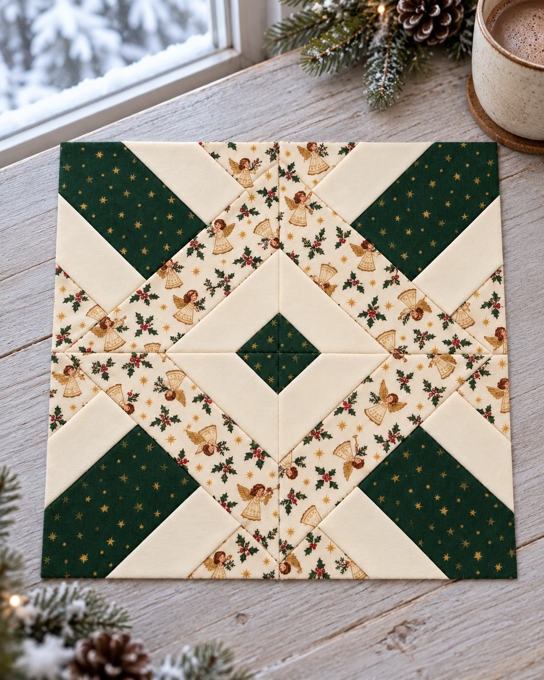 Noelle Angel Christmas quilt block - winter window; AI-generated evergreen, ivory and angel-print fabric inspiration