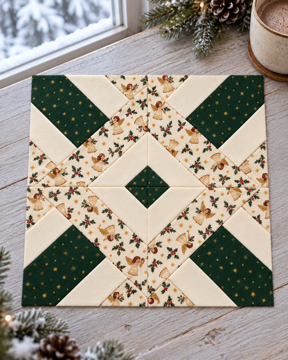Noelle Angel Christmas quilt block - winter window; AI-generated evergreen, ivory and angel-print fabric inspiration