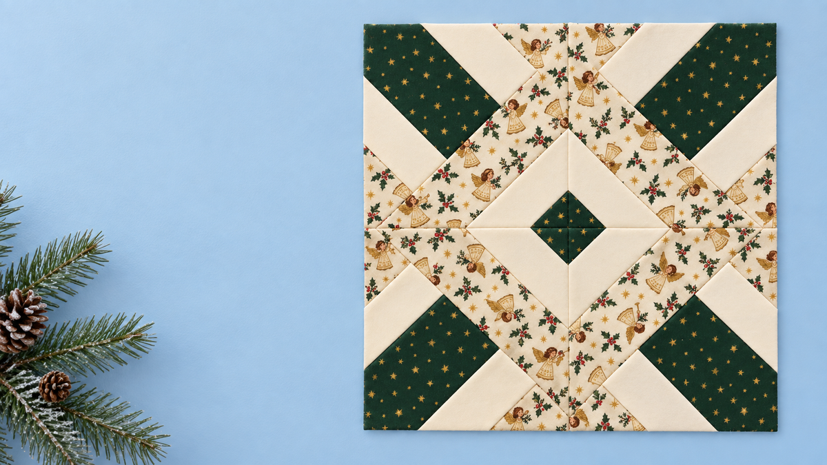Noelle Angel Christmas quilt block - wide campaign hero; AI-generated evergreen, ivory and angel-print fabric inspiration
