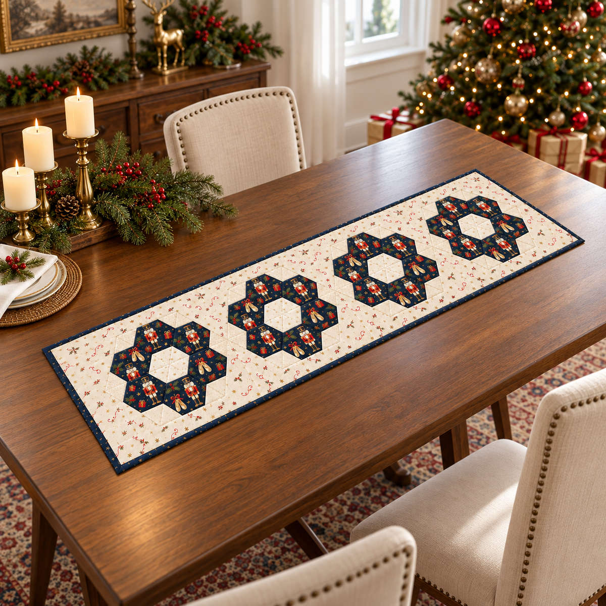 Nutcracker Noel Christmas table runner with four navy hexie medallions on an elegant walnut dining table