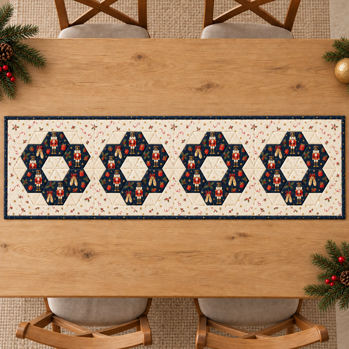 Overhead view of the complete four-medallion Nutcracker Noel table runner with ivory background and navy binding