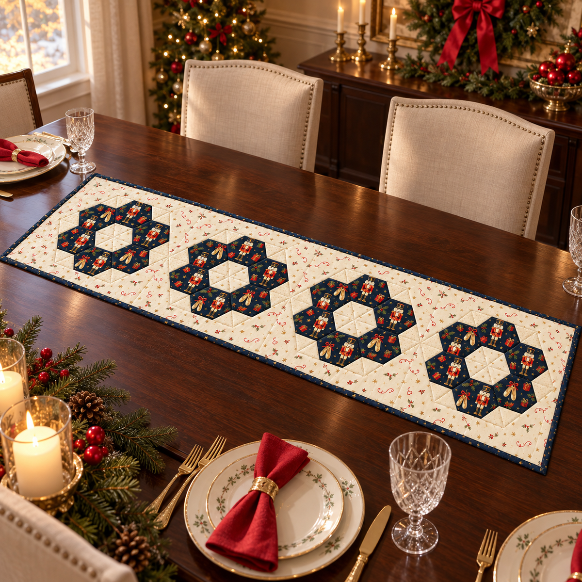 Nutcracker Noel navy and ivory patchwork runner on a classic Christmas dining table with festive place settings