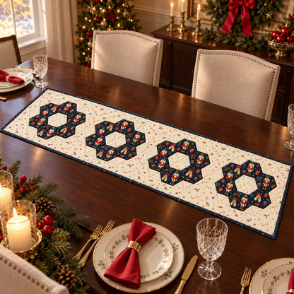 Nutcracker Noel navy and ivory patchwork runner on a classic Christmas dining table with festive place settings
