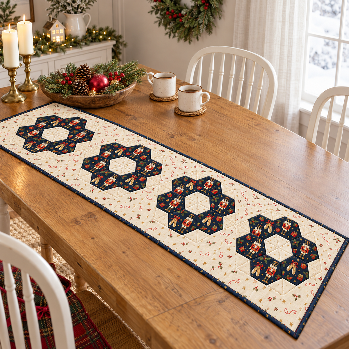 Nutcracker Noel Christmas runner on a bright oak farmhouse dining table