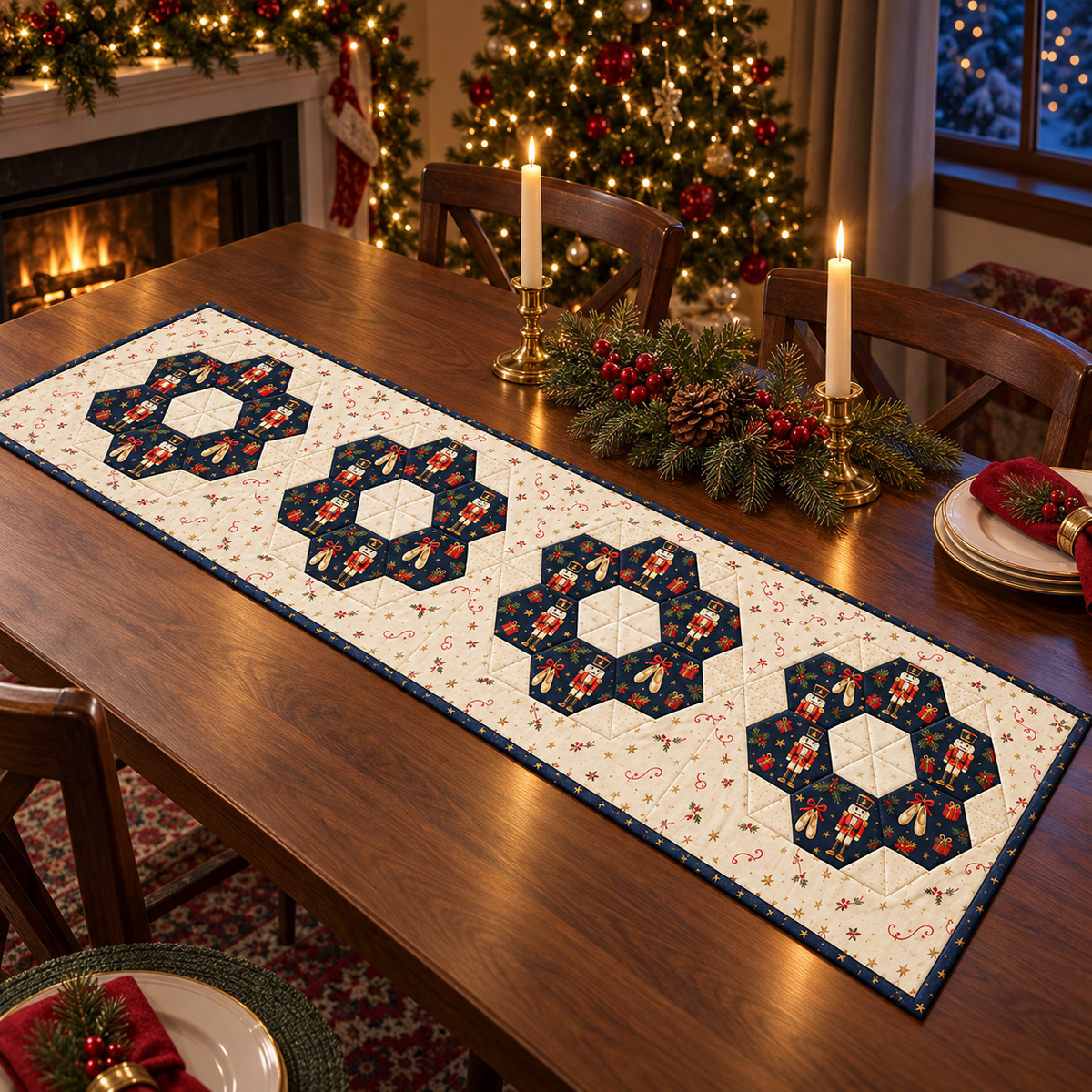 Nutcracker Noel table runner in a warm candlelit Christmas dining room
