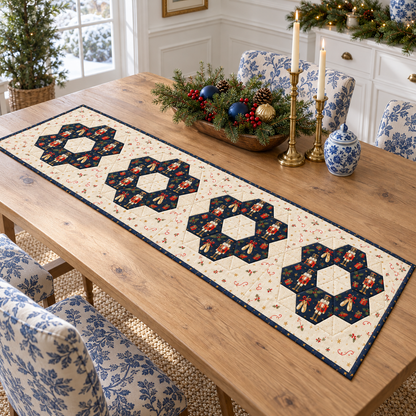 Navy and ivory Nutcracker Noel runner displayed in an airy blue-and-white dining room