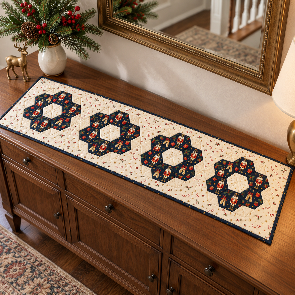 Four-medallion Nutcracker Noel Christmas runner on a walnut entryway console