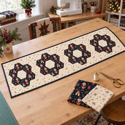 Finished Nutcracker Noel runner beside coordinating cotton fabrics and sewing tools on a work table
