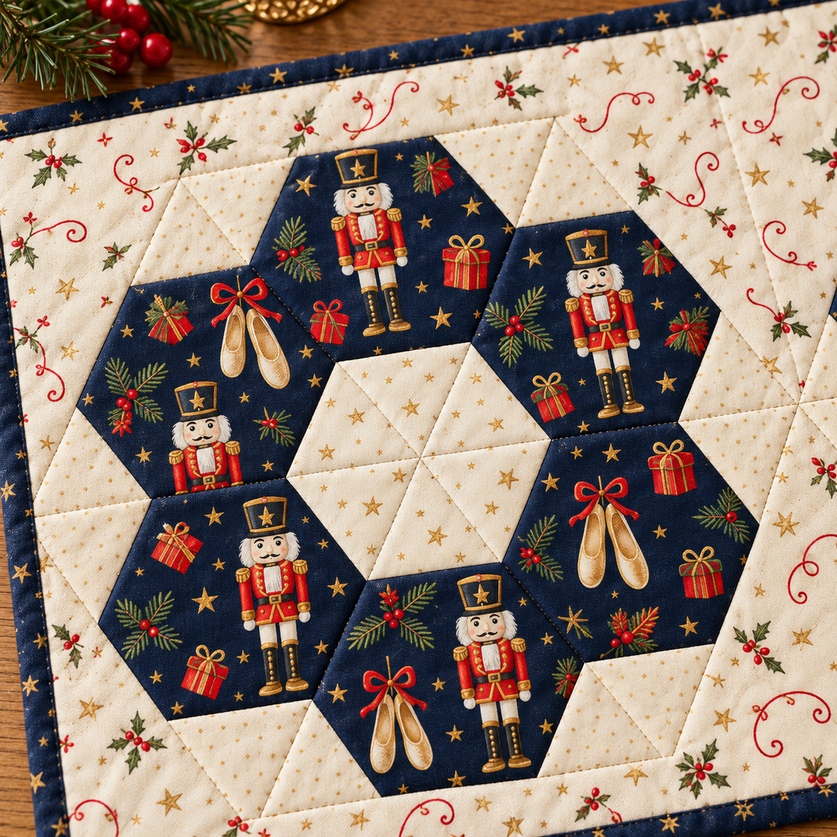 Close-up of six nutcracker-print hexies around the six-triangle ivory center