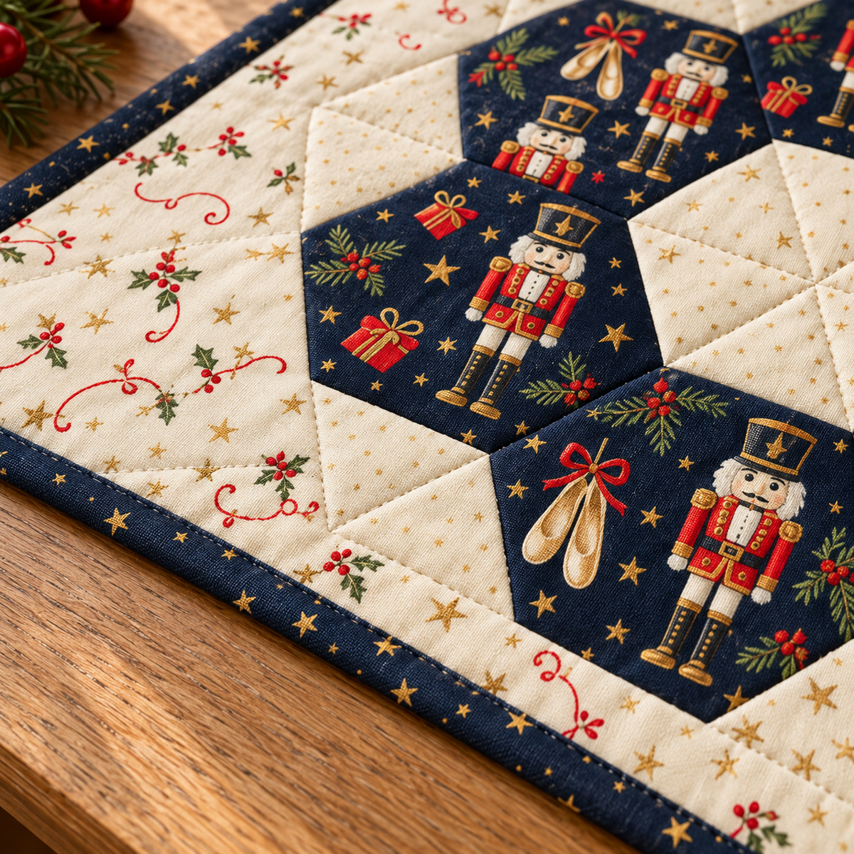 Close-up of navy star binding and printed cotton seams on the Nutcracker Noel runner
